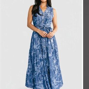 NWT Baltic Born Bernadette Floral Soft Denim Maxi Dress Blue Belted M